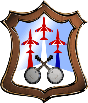 Wright Here coat of arms featuring ukuleles and Red Arrows